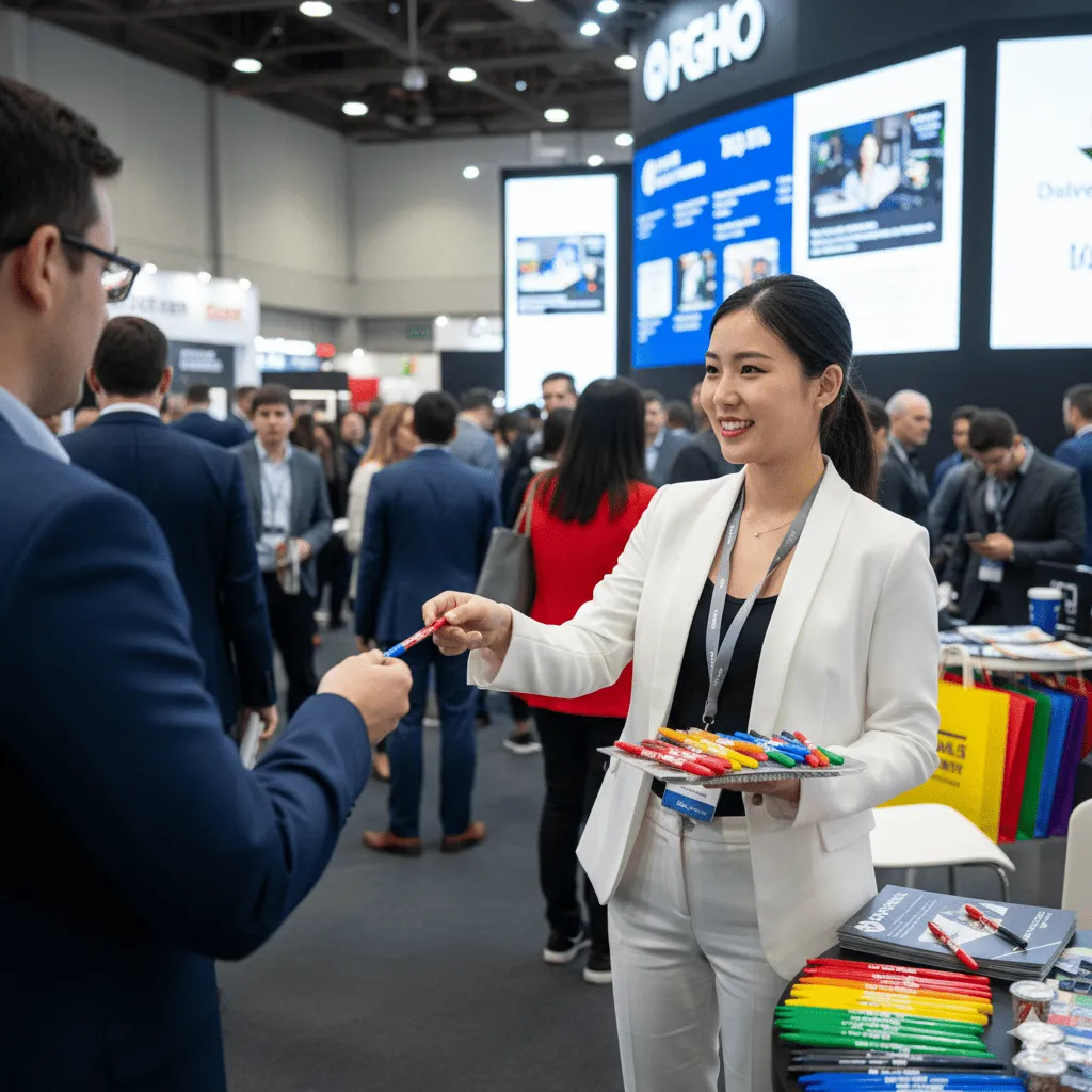 展覽會場Showgirl發送廣告筆給參觀民眾