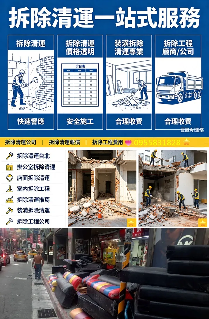 拆除清運價格,拆除清運費用,店面拆除,辦公室拆除